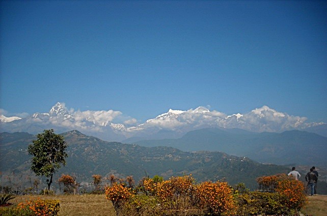 View of Himalayas to the north from park of World Peace Pagoda